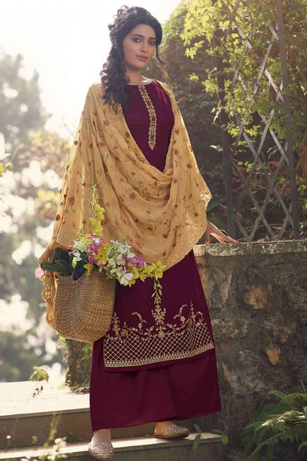 Wine  Palazzo Suit with Embroidered Tussar silk