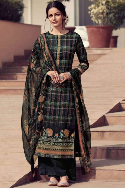 Embroidered Satin Black Palazzo Suit with Dupatta