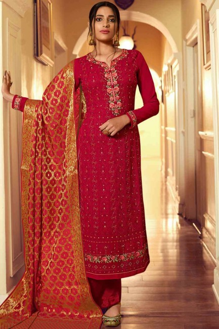 Georgette Palazzo Suit with Embroidered in Red