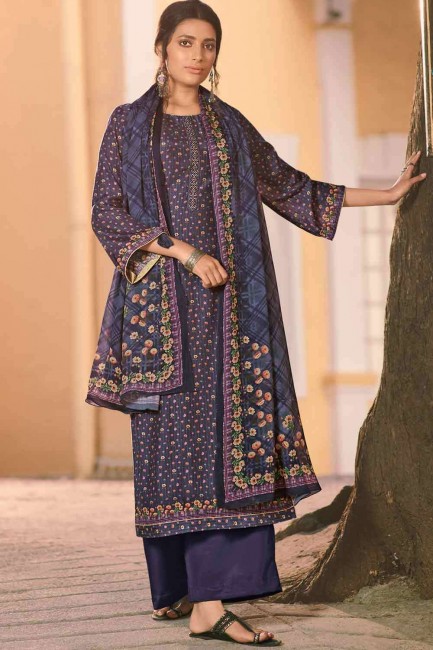 Printed Cotton Palazzo Suit in Violet with Dupatta