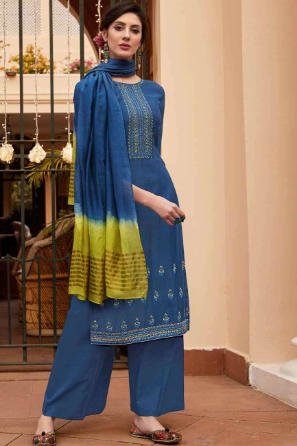 Embroidered Palazzo Suit in Blue Cotton