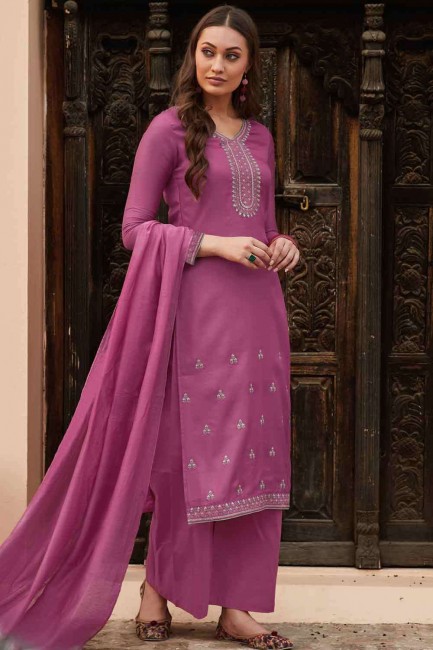 Magenta Palazzo Suit in Embroidered Cotton