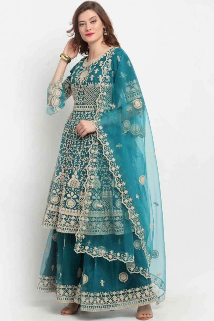 Green Sharara Suit in Embroidered Net