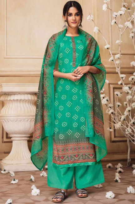 Cotton Green Palazzo Suit in Embroidered