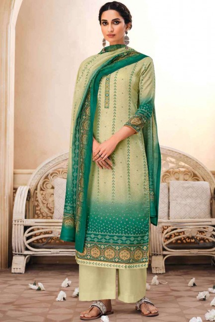 Traditional Cotton Embroidered in Green Palazzo Suit with Dupatta