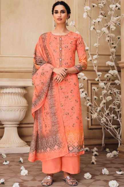 Cotton Peach Palazzo Suit in Embroidered Work