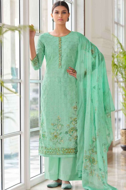 New Cotton Embroidered in Green Palazzo Suit with Dupatta