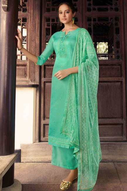 Teal  Palazzo Suit in Silk with Embroidered