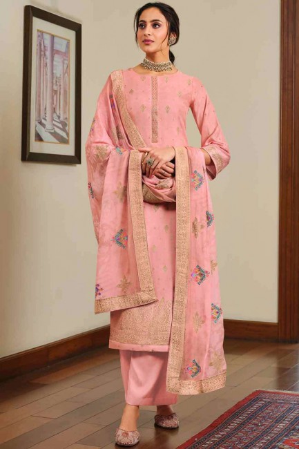 Embroidered Palazzo Suit in Pink Silk
