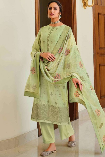 Palazzo Suit in Green Silk with Embroidered