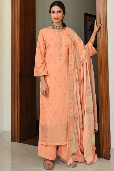 Silk Palazzo Suit in Peach with Embroidered