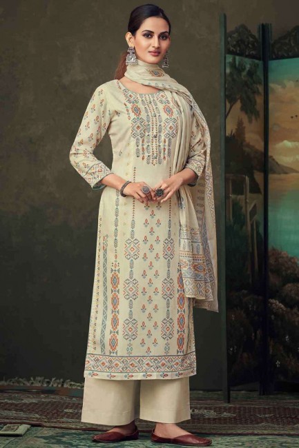 Cotton Palazzo Suit with Printed in Cream