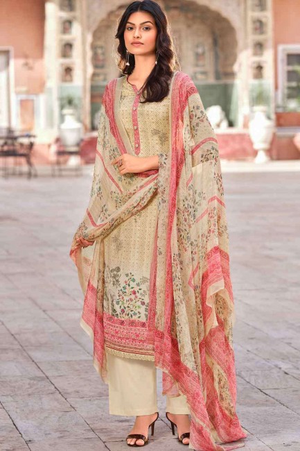 Muslin Palazzo Suit in Beige with Printed