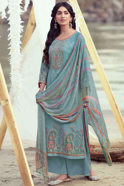 Palazzo Suit in Blue Pashmina with Embroidered