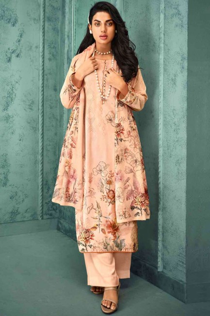 Velvet Palazzo Suit in Peach with Printed