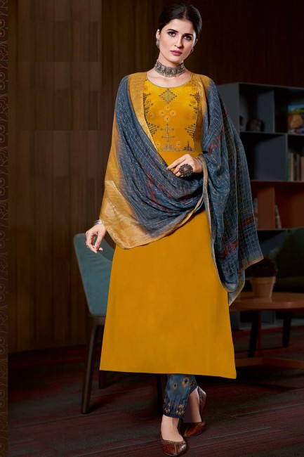 Crepe Embroidered Yellow Eid Palazzo Suit with Dupatta