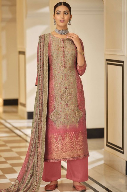 Pink Digital print Eid Palazzo Suit in Viscose and jacquard silk
