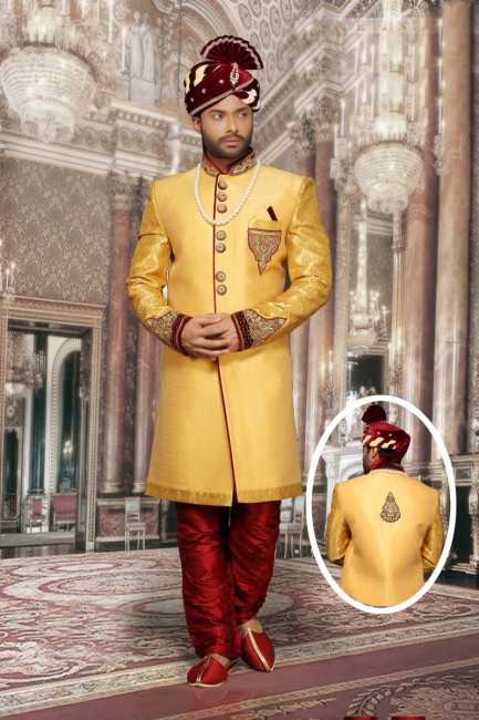 Yellow Plain Jharna & Print Jackard Ethnic Wear Designer Ready-Made Sherwani