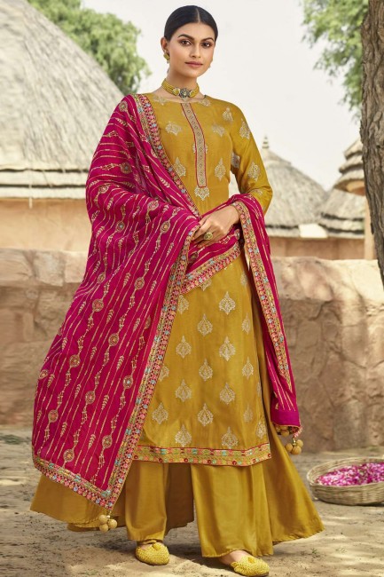 Eid Palazzo Suit in Yellow Jacquard silk with Zari
