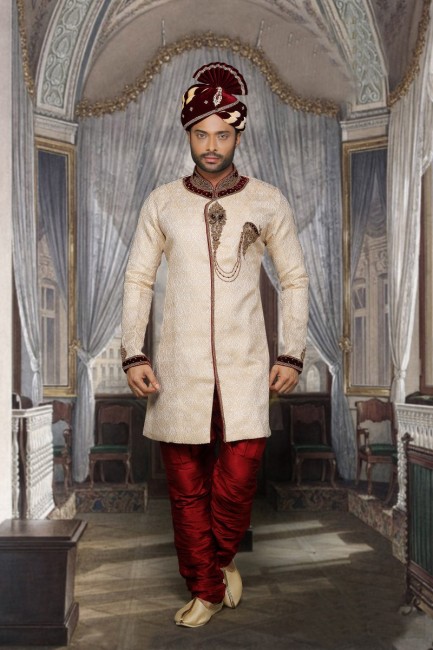 Beige Jackard Ethnic Wear Designer Ready-Made Sherwani
