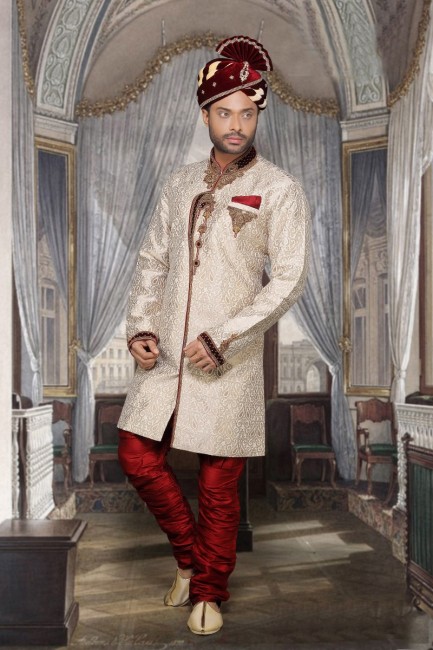 Beige Imported Fabric Ethnic Wear Designer Ready-Made Sherwani