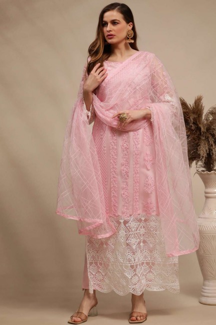 Thread Net Eid Palazzo Suit in Pink with Dupatta