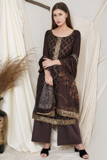 Brown Palazzo Suit in Chinon chiffon with Digital print