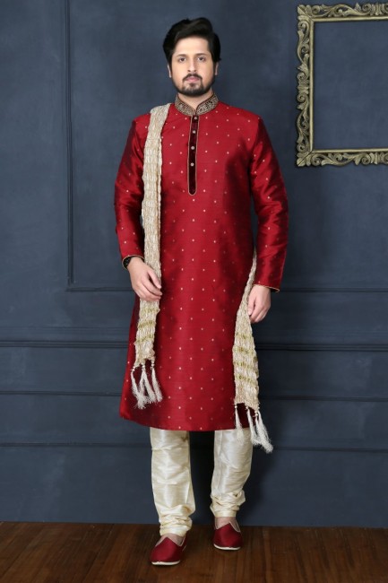 Dazzling Maroon Art Banarasi Silk Ethnic Wear Kurta Readymade Kurta Payjama