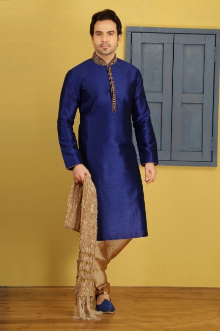 Appealing Blue Art Banarasi Silk Ethnic Wear Kurta Readymade Kurta Payjama