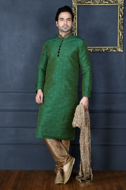 Stylish Green Art Banarasi Silk Ethnic Wear Kurta Readymade Kurta Payjama