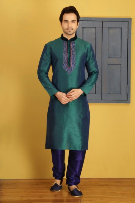 2Tone Teal(Cross Clr) Art Banarasi Silk Ethnic Wear Kurta Readymade Kurta Payjama