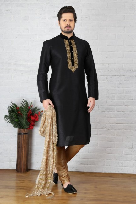 Impressive Black Dupion Art Silk Ethnic Wear Kurta Readymade Kurta Payjama