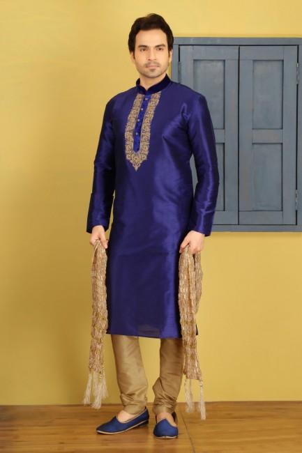 Traditional Blue Dupion Art Silk Ethnic Wear Kurta Readymade Kurta Payjama