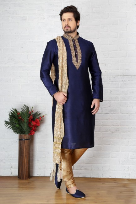 Fashionable Blue Dupion Art Silk Ethnic Wear Kurta Readymade Kurta Payjama