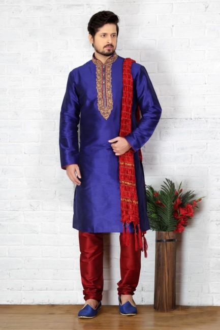 Contemporary Blue Dupion Art Silk Ethnic Wear Kurta Readymade Kurta Payjama