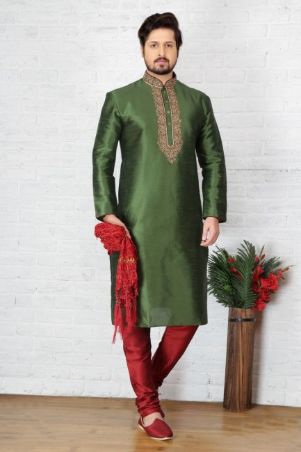 Appealing Green Dupion Art Silk Ethnic Wear Kurta Readymade Kurta Payjama