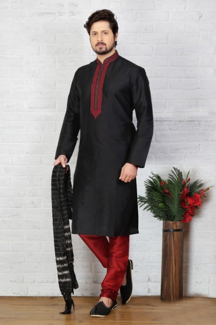 Indian Ethnic Black Dupion Art Silk Ethnic Wear Kurta Readymade Kurta Payjama
