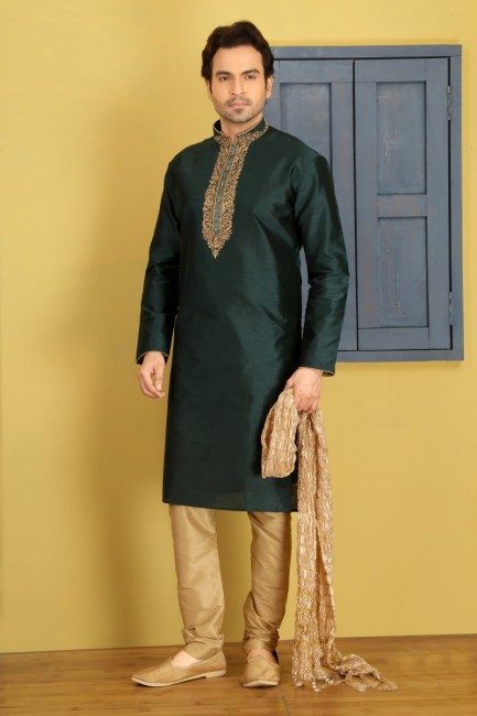 Beautiful Green Dupion Art Silk Ethnic Wear Kurta Readymade Kurta Payjama