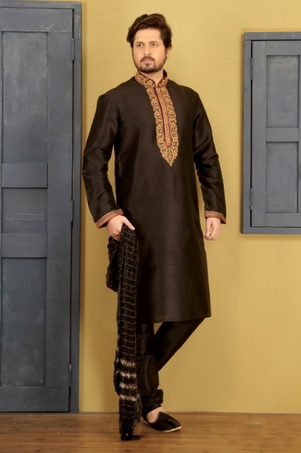 Contemporary Black Dupion Art Silk Ethnic Wear Kurta Readymade Kurta Payjama