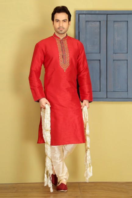 Stunning Red Dupion Art Silk Ethnic Wear Kurta Readymade Kurta Payjama
