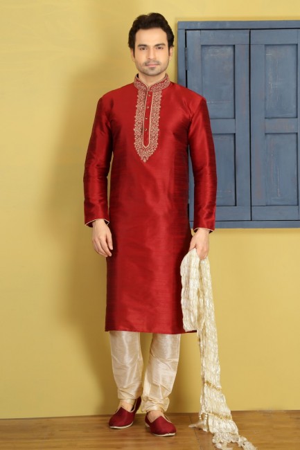Enticing Maroon Dupion Art Silk Ethnic Wear Kurta Readymade Kurta Payjama