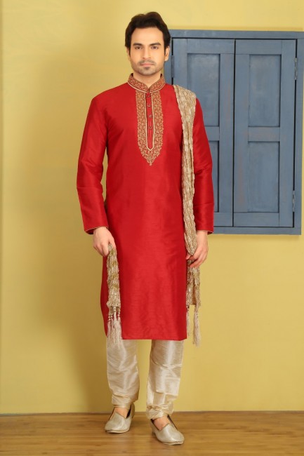 Glorious Red Dupion Art Silk Ethnic Wear Kurta Readymade Kurta Payjama