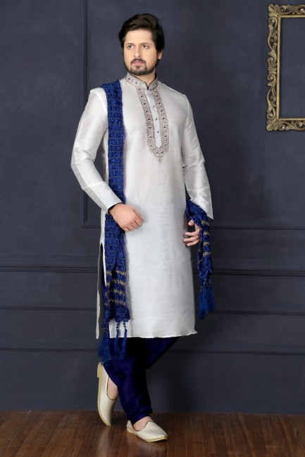 Appealing Off White Dupion Art Silk Ethnic Wear Kurta Readymade Kurta Payjama