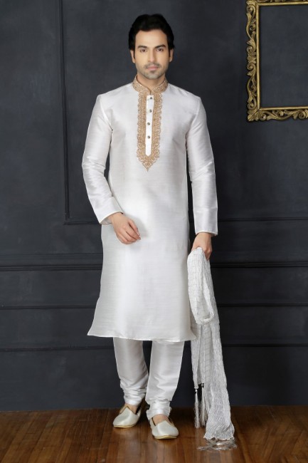 Designer Off White Dupion Art Silk Ethnic Wear Kurta Readymade Kurta Payjama