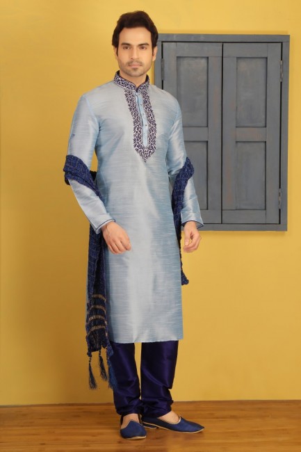 Impressive Sky Blue Dupion Art Silk Ethnic Wear Kurta Readymade Kurta Payjama