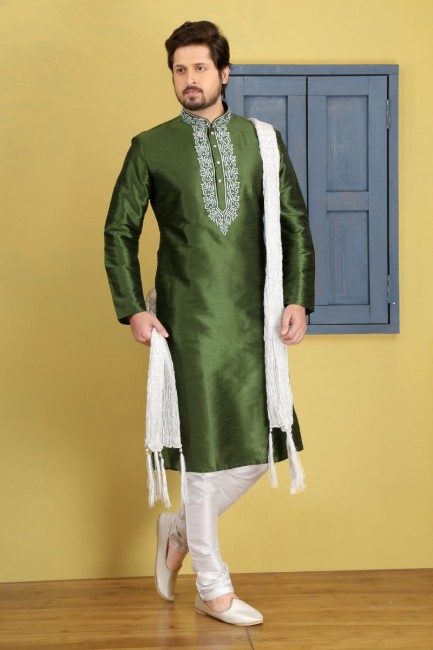Dazzling Green Dupion Art Silk Ethnic Wear Kurta Readymade Kurta Payjama