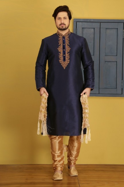 Elegant Blue Art Banarasi Silk Ethnic Wear Kurta Readymade Kurta Payjama