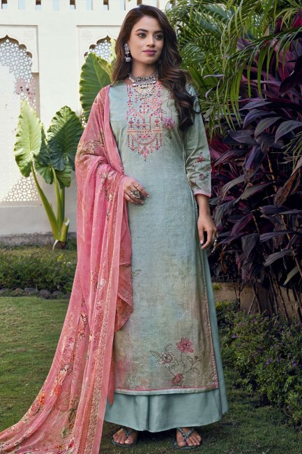 Cotton Palazzo Suit in Turquoise  with Digital print