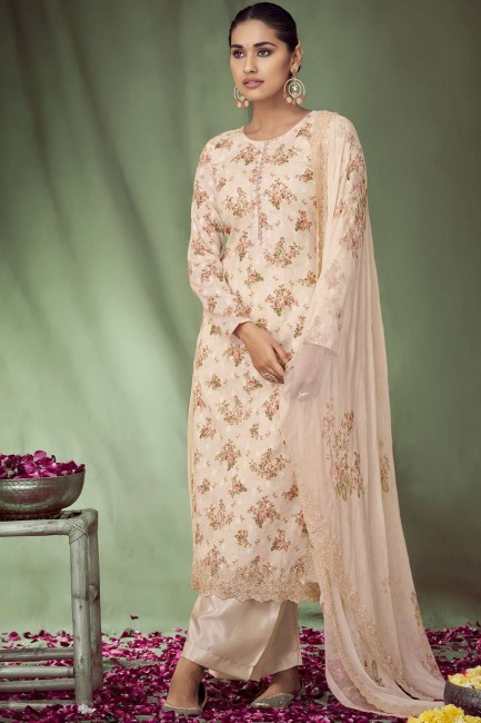 Beige Embroidered Palazzo Suit in Cotton and jacquard