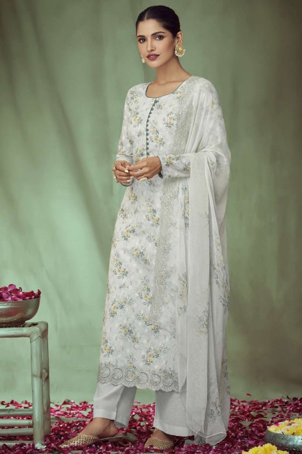 Off white Cotton and jacquard Embroidered Palazzo Suit with Dupatta